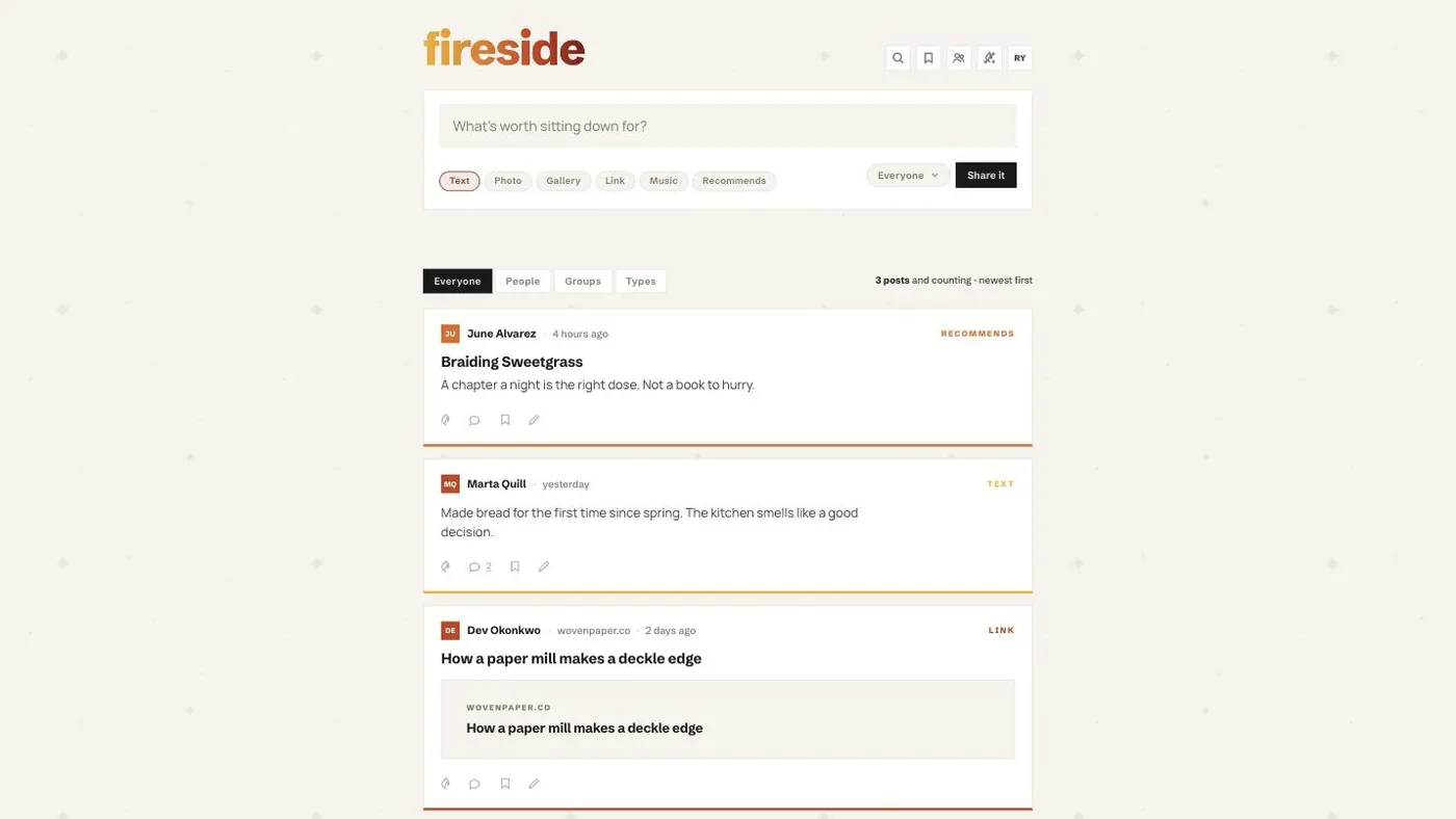 The Fireside app: a single column feed with a recommendation, a text post and a link, each carrying a colored rule underneath for its post type.