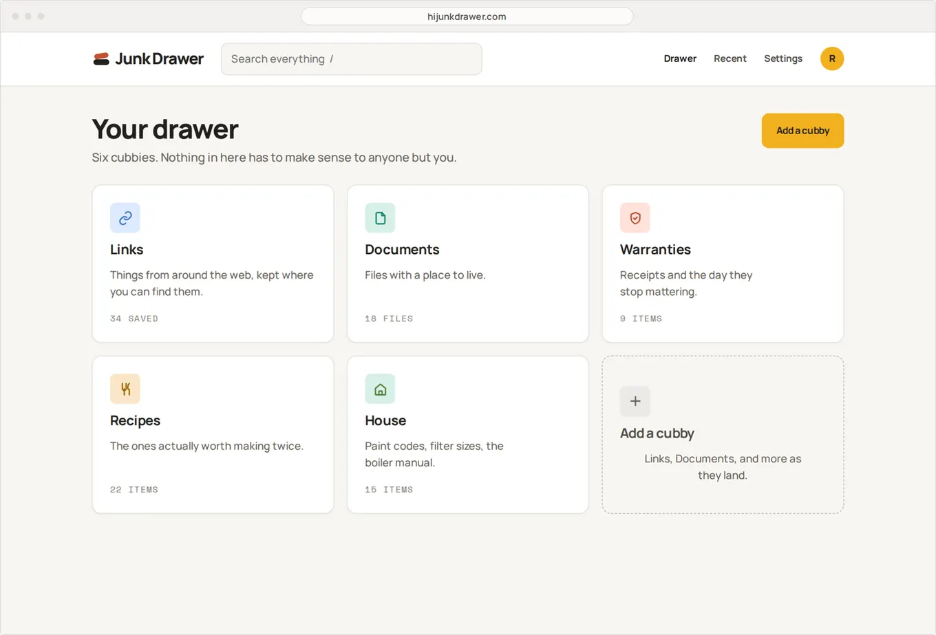 The Junk Drawer app showing a grid of cubbies: Links, Documents, Warranties, Recipes and House.