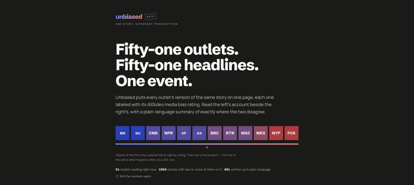 The Unbiased site: a row of outlet tiles ordered left to right by media bias rating, under the headline Fifty-one outlets. Fifty-one headlines. One event.